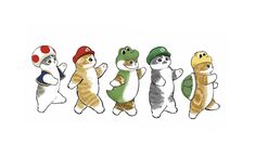 four cartoon cats are standing in a row with one cat wearing a baseball cap and the other as a turtle