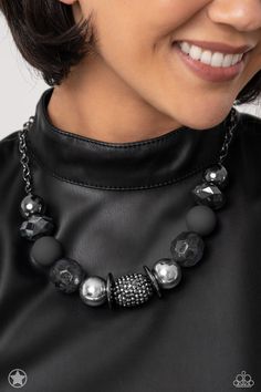 Sophisticated beads in shades of gunmetal and black with reflective faceted edges and varying glazed finishes are offset by two shiny silver beads. An oblong bead studded with gunmetal rhinestones adds a dramatic accent. Features an adjustable clasp closure. Sold as one individual necklace. Includes one pair of matching earrings. Squirrel Jewelry, Paparazzi Accessories Jewelry, Coil Bracelet, Mixed Metal Jewelry, Toggle Bracelet, Paparazzi Accessories, Black Necklace, Paparazzi Jewelry, Cord Bracelets