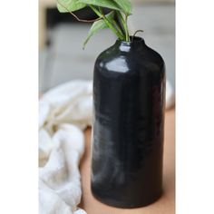 a black vase with a plant in it sitting on a table next to a white cloth