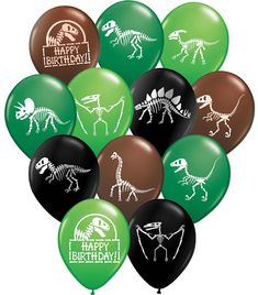 assorted dinosaur balloons with happy birthday written on them in various colors and sizes, including black, brown, green, and white