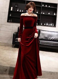 Contact+us:+lisamony@outlook.com Please+left+message+what+color+you+need+when+you+order+it.Besides+the+picture+color,+you+can+also+choose+any+color+you+want. Off+Shoulder+Velvet+Long+Sleeve+Evening+Dresses+ Processing+time:+12-21+business+days Shipping+Time:+3-5+business+days "Fabric:V... डिजाइनर कपड़े, Red Dress Long, Velvet Dress Long, Red Dresses Classy, Long Sleeve Evening Dresses, فستان سهرة, Maxi Robes, Maxi Dress Evening, Evening Dresses Long