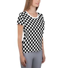 Checker Black and White, Gingham Checkered, Checker Board, Women's Athletic T-Shirt This t-shirt easily combines comfort and style - the sports mesh fabric with moisture management and anti-microbial qualities is sure to keep any athlete dry and comfortable during exercise, while the design will make it into a unique statement piece. * 92% polyester, 8% spandex * Fabric weight: 4.42 oz/yd² (150 g/m²) * MaxDri moisture management & MicroBlok anti-microbial fabric * Very soft four-way stretch Casual Fitted Tops With Grid Pattern, Fitted Casual Tops With Grid Pattern, Casual Fitted Top With Grid Pattern, Striped Fitted Sportswear Top, Fitted Striped Tops For Sports, Casual Gingham Crew Neck Top, Casual Fitted Gingham Tops, Fitted White Houndstooth Top, Fitted Gingham Casual Shirt