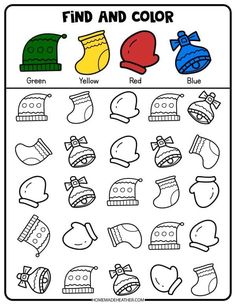 a coloring page with hats and mittens for kids to color in the winter season