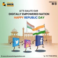 two flags are running with each other in front of a building and the words, let's salute our digitally emowed nation happy republic day