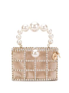 Beige metal embellished-basket tote bag from Rosantica featuring a top handle, crystal embellishments, a logo charm, gold-tone hardware and a drawstring fastening. Luxury Pearl Evening Bag For Party, Luxury Evening Bag With Pearl Handle For Events, Chic Pearl Evening Bag, Luxury Pearl Evening Bag For Events, Chic Crystal-embellished Evening Bag For Cocktails, Luxury Embellished Pearl Bag, Gold Pearl Bags For Formal Occasions, Formal Gold Pearl Bags, Designer Evening Bags With Pearl Handle