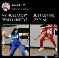 two pictures of people playing tennis and one has an orange ball in her hand while the other is wearing blue