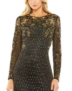 Mac Duggal Sheer hand-embellished overlay; 100% polyester lining Fully lined through body; sheer unlined sleeves High neckline Long sheer sleeves Floral embellishments Sequined fabric throughout Concealed back zipper Approx. 62.5" from top of shoulder to bottom hem Available in Black Gold Style #5956 Sequined Fabric, Charmeuse Dress, Mnm Couture, Jasz Couture, Formal Prom Dress, Terani Couture, Bride Groom Dress, Embellished Gown, Long Sleeve Gown