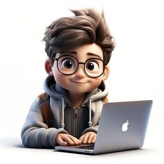 a cartoon boy sitting in front of a laptop computer