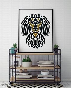 a black and white poster with a lion's head on the wall next to a shelf