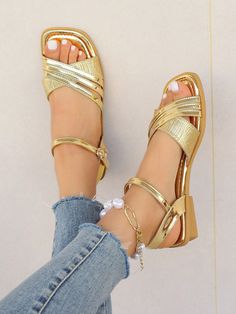 Color : GoldStyle : GlamorousToe : Open ToeDetails : BuckleUpper Material : PU LeatherLining Material : PU LeatherInsole Material : PU LeatherOutsole Material : Rubber Size US Ball Girth Foot Length Heel Height CN36 US6 8.4 8.9 1.2 CN37 US6.5 8.5 9.1 1.2 CN38 US7 8.7 9.3 1.2 CN39 US7.5 8.8 9.4 1.2 CN40 US8 9 9.6 1.2 CN41 US8.5 9.1 9.8 1.2 CN42 US9.5 9.2 10 1.2 CN43 US10 9.4 10.2 1.2 Gold Sandals With Heel Strap For Summer, Gold Block Heel Sandals For Spring, Gold Open Toe Sandals For Spring, Gold Flat Heel Sandals For Spring, Trendy Gold Flat Heel Sandals, Trendy Gold Flat Sandals, Gold Closed Toe Synthetic Sandals, Gold Ankle Strap Heels For Vacation, Casual Gold Open Toe Heels