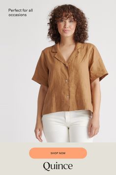 A year-round linen short-sleeve shirt? Yes, please. This button down linen shirt has a collar for an elevated look, is lightweight and made from organic materials. Its airy construction makes it perfect for basically occassion. Especially with the matching linen pants.  | Quince | Women's Short Sleeve Shirt in Golden Brown, Size XL, Linen Natural Textiles, Short Sleeve Shirt Women, Linen Short, European Linens, Fabric Structure, Organic Materials, Linen Blouse, Linen Clothes, Golden Brown