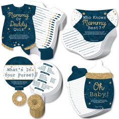 baby shower gift set with blue and gold onesuits