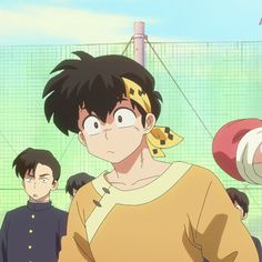 an anime character is standing in front of some other characters and looking at the camera