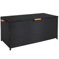 an outdoor storage box with wooden handles on the top and bottom, in black wicker