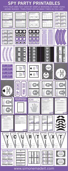 the spy party printables are in purple and black, with white letters on them