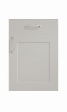 a white wall mounted cabinet with an open door and handle on the left hand side