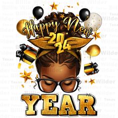 a happy new year card with an afro girl wearing glasses and gold stars on her head