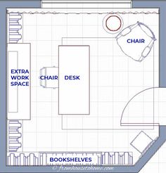 a floor plan for a bedroom with two beds and an extra work space on the other side