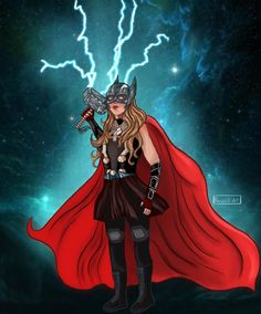 a woman dressed as thor and holding a hammer in her hand with lightning behind her