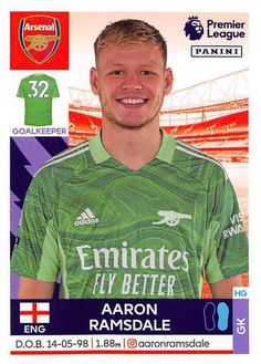 a soccer card with a man in green jersey on the front and purple shirt on the back