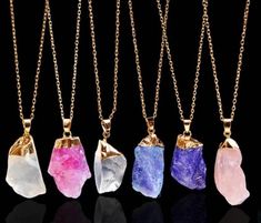 "These are various crystal pendant necklaces made with clear quartz crystals which have been soaked in dye to add coloring. ❗CHAIN = 20 inches long (gold) Clear quartz is great for clearing negative energy from both self & the environment. It is also a very purifying crystal thet can help balance personal vibrations. Overall it's a great crystal for general spiritual cleansing! ➡️ FYI: Besides the clear (non-color) ones... the other crystals have all been dyed. This means it's recommended to onl Gemstone Pendant Jewelry, Natural Gemstone Necklace, Magical Jewelry, Crystal Necklaces, Natural Stones Necklace, Blue Pendant, Crystal Choker, Men Jewelry, Stone Pendant Necklace