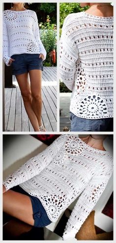 crocheted sweater with openwork details on the shoulders and back, from left to right