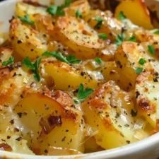 a white bowl filled with potatoes covered in parmesan cheese and garnished with herbs