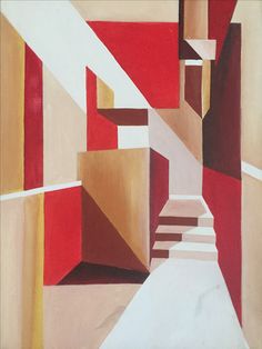 an abstract painting with red, yellow and white colors on the wall next to stairs