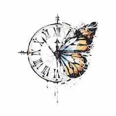 a drawing of a clock with a butterfly on it