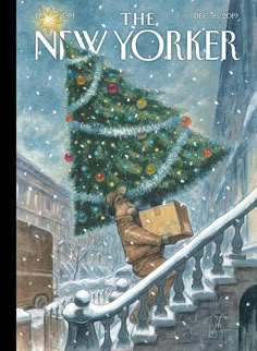 the new yorker magazine cover with a man carrying a box up stairs to a christmas tree