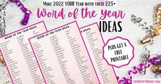 the word of the year printables are shown with confetti and streamers