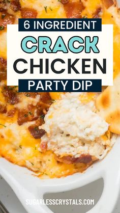 Whip up this quick appetizer dip for your next gathering! This creamy crockpot ranch chicken dip is layered with cheddar, bacon, and chicken for the perfect warm and hearty super bowl appetizer ideas dips.