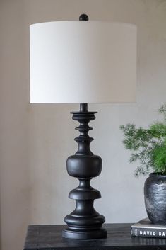 a table with a lamp and some plants on top of it next to a book