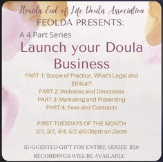 a flyer for a business event with the words launch your doula business on it