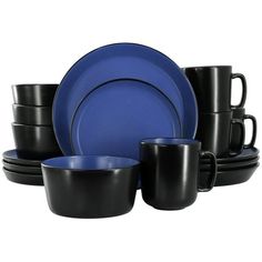 black and blue dinnerware set on white background