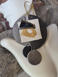 Abstract leather dangle hoop earrings. Colors are shades of gray, pearl, yellow and black. Drop is 5.5 Modern Handmade Hoop Earrings, Custom Denim, Leather Patchwork, Bold Earrings, Dangle Hoop Earrings, Bronze Gold, Earrings Etsy, Leather Earrings, Leather Jewelry