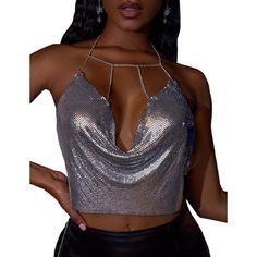 Silver Metal Sequin Chains Halter Camisoles Party Halter Neck Crop Top Vest, Silver Tank Top For Club, Silver Sleeveless Tank Top For Club, Silver Tank Top For Party, Silver Halter Top For Party, Glamorous Silver Sleeveless Halter Top, Elegant Party Halter Tank Top, Silver Sleeveless Halter Top For Party, Sleeveless Silver Crop Top For Club