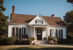 a white house with red shutters and wreath on the front door is surrounded by greenery