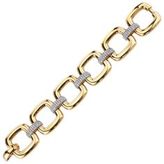 This bold yellow gold and diamond-set link bracelet has a modern retro-chic vibe. It is a statement piece that won't go unnoticed and it easily transitions from day wear to evening attire. The oversized 18k high-polished links are eye-catching by themselves, but with the alternating diamond-set links, this bracelet is a real head-turner! Over 3 carats of pave set round brilliant-cut sparkling diamonds make this bracelet the perfect important addition to your fine jewelry wardrobe! 210 round bril High Jewelry Bracelet, Night Biking, Jewellery Design Sketches, Jewelry Wardrobe, Gold Link Bracelet, Gems Bracelet, Gold Link, Metal Chain Link, Jewellery Design