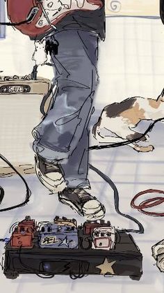 a drawing of a man playing guitar with his dog on the floor next to him