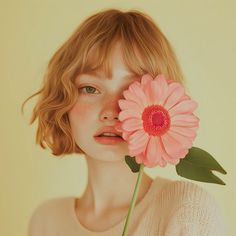 a woman holding a pink flower in front of her face