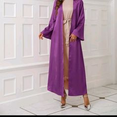 Satin Bell Open Abaya. Plain Long Sleeves Non Stretch 100% Polyester Feel Free To Make An Offer Brand New Inner Is Not Included Elegant Long Sleeve Solid Color Kaftan, Elegant Long Purple Abaya, Elegant Purple Maxi-length Abaya, Elegant Long Purple Kimono, Elegant Purple Long Sleeve Kaftan, Elegant Long Purple Kaftan, Open Abaya, Bell Sleeve, Front Open