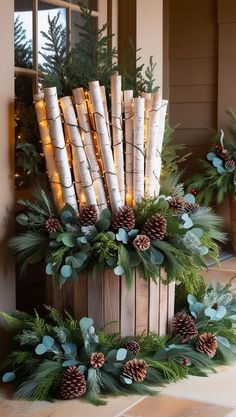 an arrangement of candles and pine cones in a wooden box with greenery on the floor