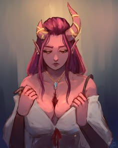 a woman with pink hair and horns holding a knife