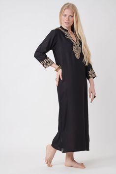 classic evening & parties black gallabia 3/4 sleeves maxi dress 125 cm modern cut with ethnic embroidery twist great & unique embroidery design black gallabia dress with golden bronze embroidery Bronze Embroidery, Moroccan Culture, Unique Embroidery, Happily Married, Maxi Dress With Sleeves, Cool Fabric, Dance Outfits, Evening Party, Stylish Dresses