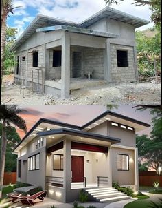 two pictures side by side of a house being built and the same one is in progress