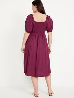 Fit & Flare Crepe Midi Dress | Old Navy Daywear Midi Dress With Smocked Bodice And Square Neck, Daywear Square Neck Midi Dress With Smocked Bodice, Billowy Square Neck Puff Sleeve Dress With Gathered Neckline, Billowy Puff Sleeve Dress With Smocked Back, Billowy Square Neck Midi Dress For Daywear, Billowy Smocked Dress With Square Neck And Ruched Details, Square Neck Smocked Dress For Day Out, Fitted Smocked Dress With Square Neck And Gathered Waist, Empire Waist Midi Dress With Smocked Back For Brunch