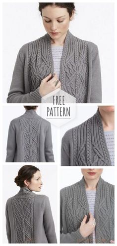 a woman wearing a gray sweater and cardigan is shown in four different pictures, including the