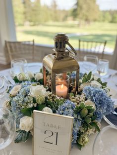 the table is set with flowers and candles