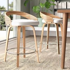 two wooden barstools sitting next to each other on top of a rug